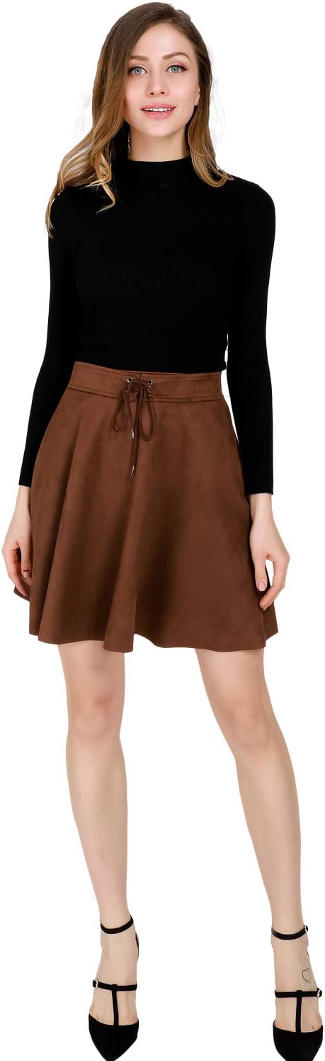 DIASHINY Faux Suede Mini Skirt for Women A Line Skater Belt Tie High Waist Flared Stretch Skirts - Image 5
