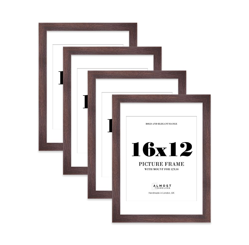 16x12" Walnut Frame With Mount for 12x10" Pictures 28mm Edge Portrait and Landscape Display with Wall Hooks, 4 Pack