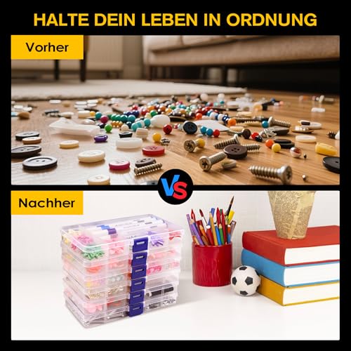 Vonsera 6 Stück Sortierbox für Kleinteile, Aufbewahrungsbox, Aufbewahrungsboxen mit 15 Raster Einstellbar, Sortierkasten für Basteln Perlen