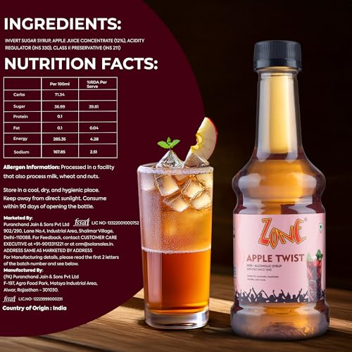 Image of Zone Apple Twist Flavoured Syrup 300ml | Tangy Apple Notes for Mocktails, Cocktails, Lemonades, Iced Teas & More | 12+ Flavours