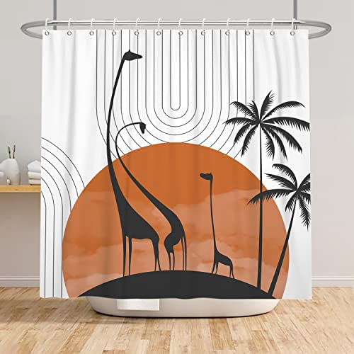 Uiiooazy White Shower Curtain For Kids Bathroom Giraffe Animals Palm Leaves Trees Bathtub Curtains Black Lines Warm Sunset 3D Printing Washable Waterproof Fabric Bath Curtain With Hooks 65X72 Inches #TOP3