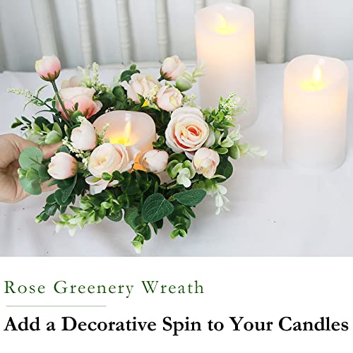 Acmee 4 Pcs Artificial Rose Candle Rings - Floral Wreaths With Eucalyptus Leaves Greenery Garland For Pillar Candle Lantern Wedding Centerpiece Party Home Table Decor(Champagne) #TOP1