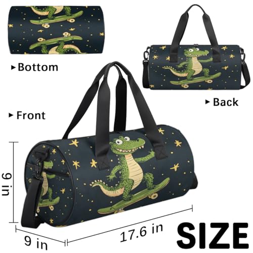 Skateboarding Dinosaurs Round Barrel Sports Fitness Bag, Travel Luggage Bag, Reusable Handbag, Suitable For Men and Women3