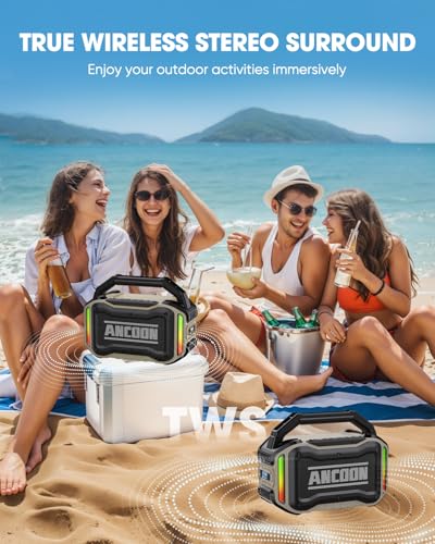 Image of ANCOON Speakers Bluetooth Wireless: 80W(Peak) Loud Speaker with Bass, 20H Playtime, IPX6 Waterproof, Large Jobsite Speakers for Work, Outdoor, Workshop, Garage, Portable Speaker with TWS (Desert)