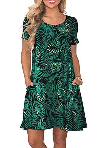 Damen Sommer Tshirt Kleid Locker Rundhals Kurzarm Midi Kleider Elegant Blumen Sommerkleid Knielang Strandkleid Lässig Midikleid Freizeitkleid mit Taschen, B Blume Grüne, L
