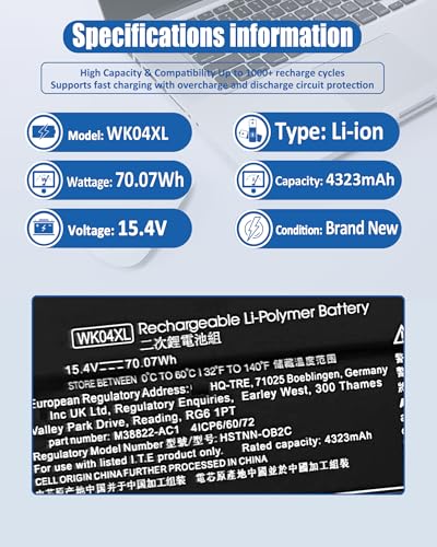 Image of 70.07Wh WK04XL M39179-005 Laptop Battery Replacement for HP Victus 16-b /16-c /16-d /16-e Series, for HP Victus 16-D0013DX /16-D0001UR /16-D1113TX /16-E0005UA /16-E0029UR - 15.4V 4-Cell