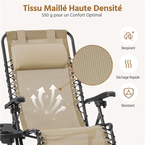 Yaheetech Lot de 2 Chaise Longue inclinable, avec Table Pliable Support de Gobelet, Chaise de Jardin Pliable en Textilène Chaise Longue, avec Rembourrage de Tête, Beige (Beige)