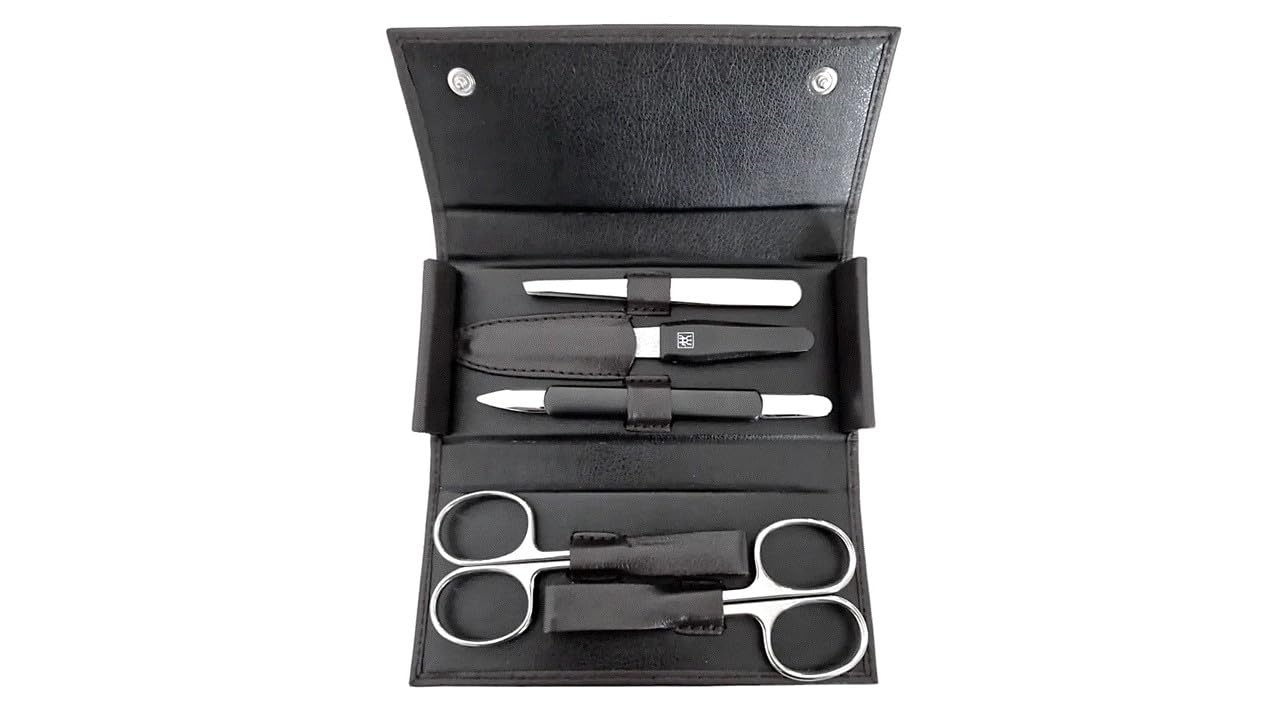 Zwilling – Maniküre Set 5-teilig - Manicure - Nagelschere - Pinzette - Nagelpflege - Druckknopf-Etui - Leder-Etui - 13,8 x 6,5 x 2,5 cm - dunkelgrau