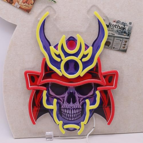 Image of Sumurai skull Neon Sign For Wall Decor, Colorful UV Printed Neon Light with Retro Design, LED Artwork for Bar, Bedroom, Game Room, Party Decoration Holiday Birthday Gifts