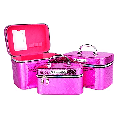 NFI essentials Makeup Box Set of 3 Cosmetic Box Jewellery Bridal Box Trousseau Box Vanity Beauty Case Organizer for Wedding Makeup Bag for Bride (New Pink)