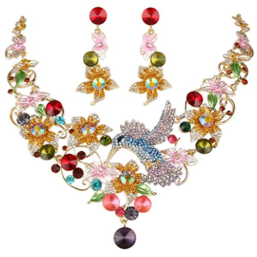 EVER FAITH Hummingbird Flower Leaf Necklace Earrings Set Austrian Crystal Gold-Tone Multicolor