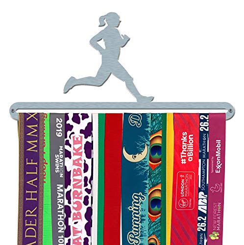 'Female Runner' Medal Hanger Display Holder Brushed Stainless Steel - Made in Britain