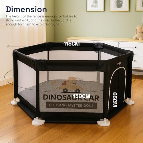 Image of Baybee Neo Kids Playpen for Babies | Baby Activity Playards with Zipper Lock & Corner Protection | Baby Play Area Indoor Setup with Hexagon shape for Extra Space | Outdoor Play Pen for Baby up to 5 Years (Black)