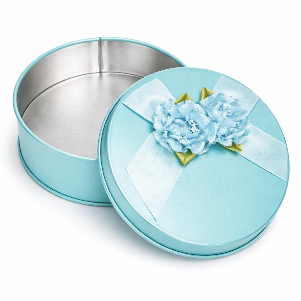 Round Teal Blue Metal Gift Tin Box with Decorative Satin Ribbon & Flower | Premium Empty Storage Box for Chocolates, Cookies, Dry Fruits & Gifts | Birthday, Wedding & Festive Gifting | Pack of 1-image-46