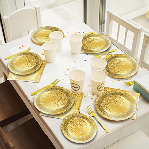 Image of 96 PCS Golden Birthday Party Decorations Tableware Set for Golden Themed Happy Birthday Supplies Diamond Gold Plates Napkins Forks for 24 Guests Men Women Anniversary Engagement Wedding Party Favors