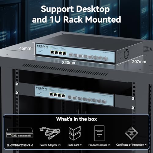 Image of SODOLA 12 Port 10Gb Managed Switch, 8x10G SFP+ & 4x10GBase-T Ports, Fan Cooling, Support 1U Rack Mount, Web GUI for LACP /QoS /VLAN /SNMP 10G Multi-gig Network Switch