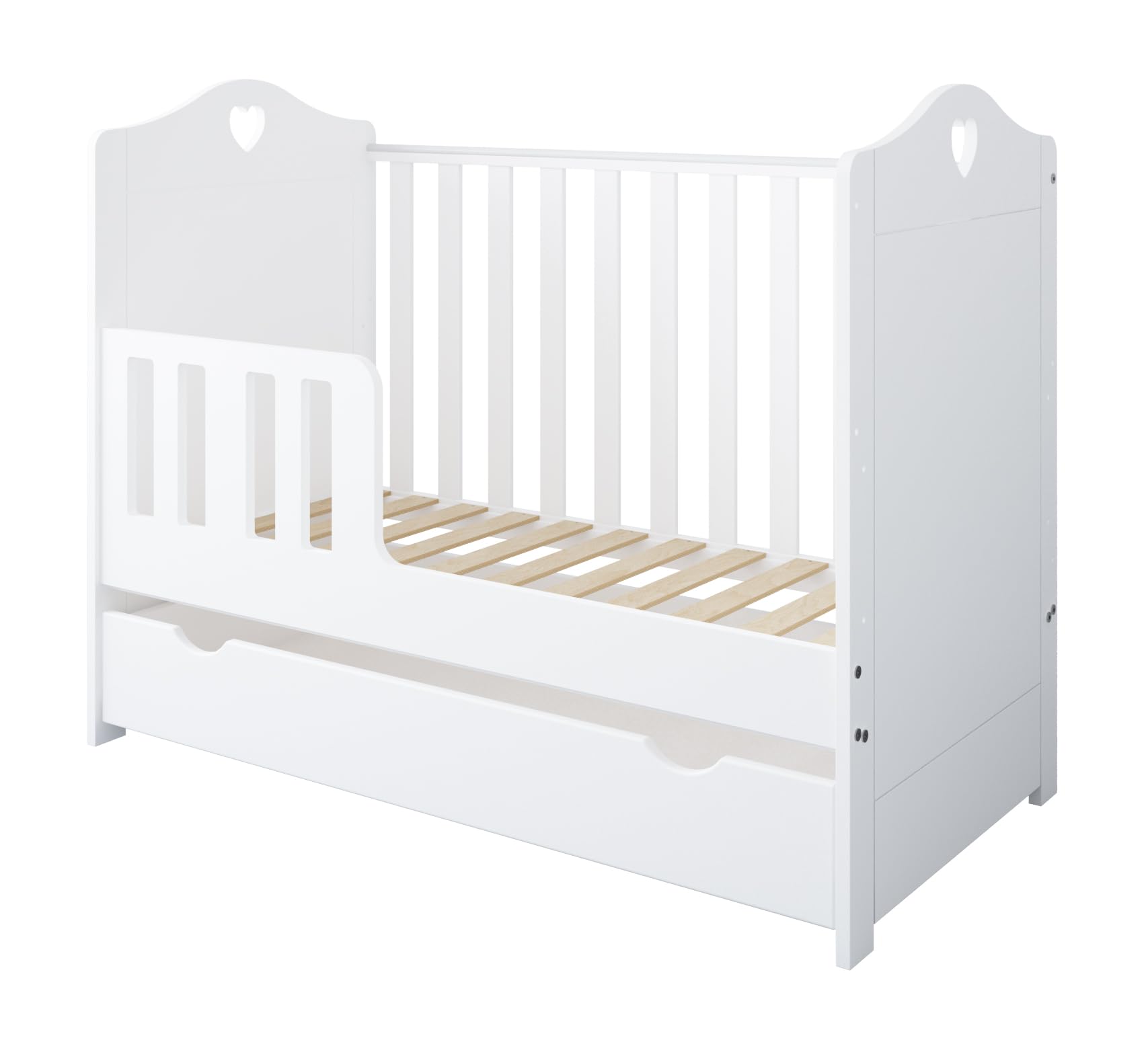 zee Set Cameretta Neonato Bianca Blu Lettino 120x60 2in1 Bella Con Cassetto e Sponda di Sicurezza + Cassettiera Fasciatoio CUORI Con Fasciatoio 3 Cassetti