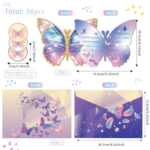 BGTLJKD 12 Stück Einladungskarten Kindergeburtstag Mädchen Schmetterling Party Einladung Karte zur Geburtstag Einladungskarten Schmetterling Geburtstagseinladungen für Frauen Junge (A)