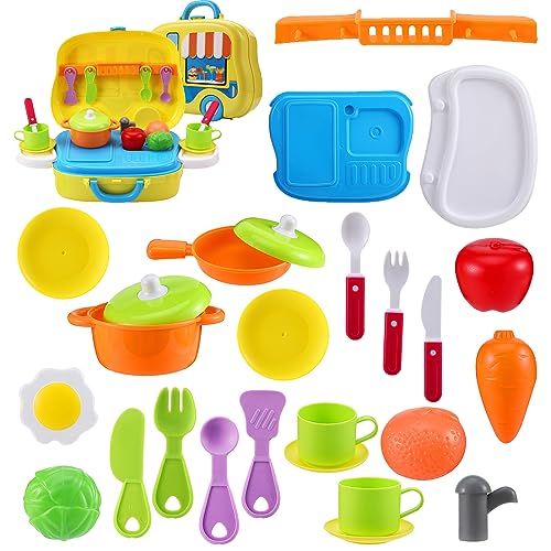 Auniq Utensilios Cocina Juguete Juego de Roles de Cocina 25Piezas Ollas y Sartenes de Juguete para la Cocina Coloridos Juguetes de Cocina Apto para Niños Pequeños Niñas Niños (fm2-uk-0006)