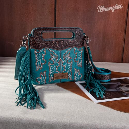 Image of Wrangler Western Handbag for Women Crossbody Bag Top Handle Shoulder Bag Embossed Cowgirl Fringe Purse