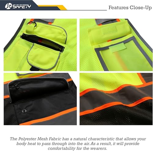 Image of JKSafety 9 Pockets High Visibility Dual Color Zipper Front MESH Lite Safety Vest | Orange Color Triming Reflective Strip | ANSI /ISEA Standards (100-Yellow-Black, S)