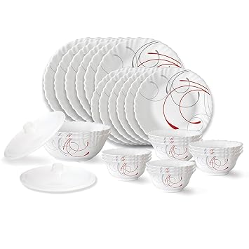 Larah by Borosil Boro Fluted Series Opalware Dinner Set | 28 Pieces for Family of 6 | Microwave & Dishwasher Safe | Bone-Ash Free | Crockery Set for Dining & Gifting | Plates & Bowls | White
