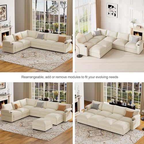 Image of Sectional Couches for Living Room FSC Certified Chenille Modular Couch Oversized Cloud U Shaped Convertible Sleeper Sofa Chaise Detachable Armrest Cushion (Chenille Beige, 8 Seat Sleeper)