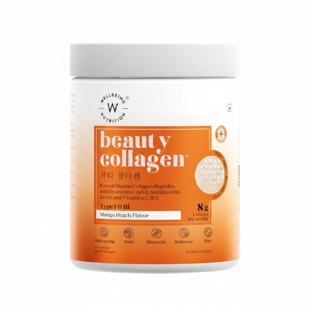 Wellbeing Nutrition Korean Beauty Marine Collagen Skin Radiance Peptides 8g | Biotin, Vitamin C, E, Hyaluronic, Astaxanthin | Clinically Proven Healthy Skin, Hair & Nails | Mango Peach powder, 250gms