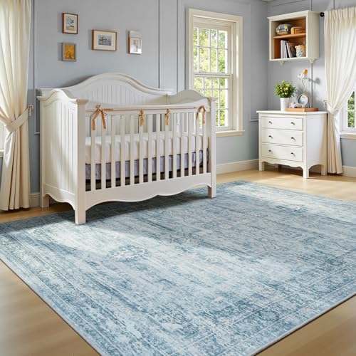 Carpelux 5x7 Washable Area Rugs for Living Room, Neutral Retro Aesthetic Non Slip Blue Rug for Nursery Kids Room, Soft Faux Wool Cozy Floor Carpet for Bedroom Dining Room — view 5