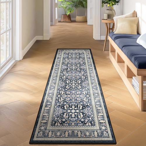 Jainmy Dark Blue 6ft Runner Rug, Boho Floral Moroccan Design