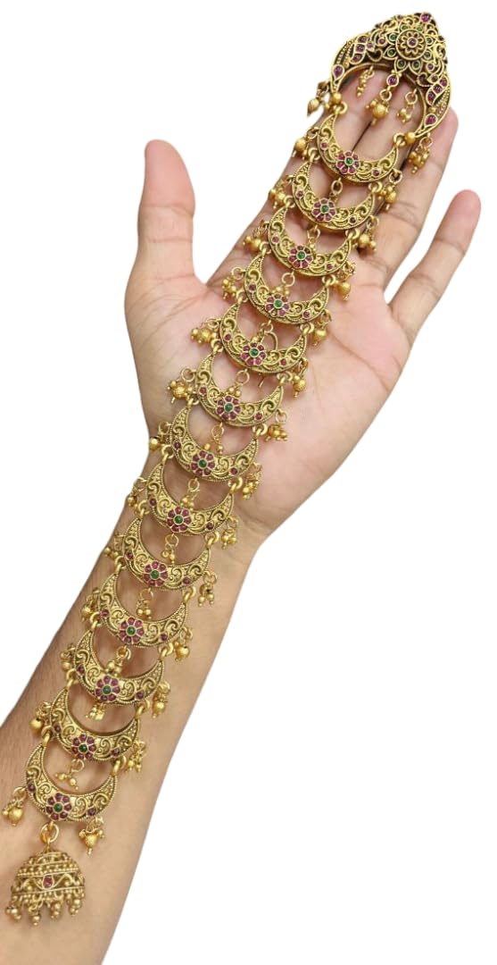 KGR Splash Moon Shape Multicolor Stones Gold Plated Medium Size jada Billai For Hair-image-13