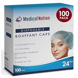 24″ Disposable Bouffant Caps Hair Net | 100 Pack, Blue | Non-Woven, Non-Pleated Hairnets for Food Service, Labs, Medical, Work, Tattoo, Cooking | Blue, Size 24″