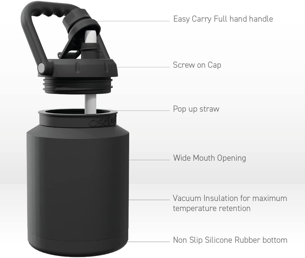 Asobu Puramic™ Mini Stainless Steel Double Walled Vacuum Insulated 33 Ounce Jug With Full Hand Easy Carry Handle and Pop Up Straw (Black) - Image 3