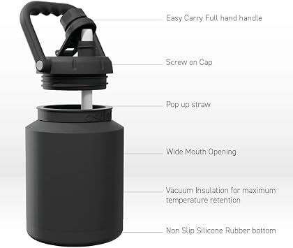 Asobu Mini Stainless Steel Double Walled Vacuum Insulated 33 Ounce Jug With Full Hand Easy Carry Handle and Pop Up Straw (Black)