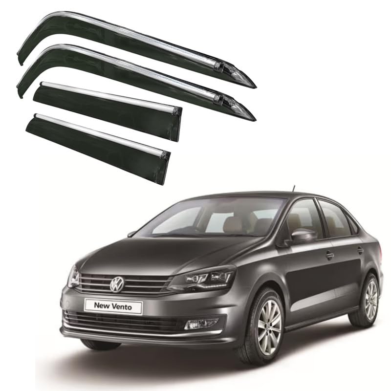 Image of CAR SAAZ Side Door Visors for Vento (2020-2022)(Set of 4Pcs)|Chrome Lined Rain Guards, Polycarbonate, Smoke Finish