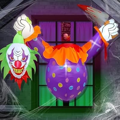 Gruseliger 4,5 Fuß Aufblasbarer Clown für Halloween – Schaurige Fenster-Deko mit Dolch und blutigem Kopf für Garten & Party! – Bild 7