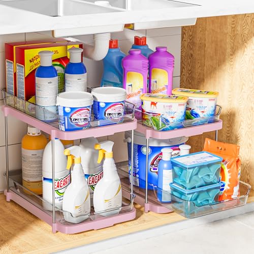 Delamu 2 Sets of 2-Tier Multi-Purpose Bathroom Under Sink Organizers and Storage, Stackable Kitchen Pantry Organization, Pull Out Medicine Cabinet Organizer with 8 Movable Dividers, Pink