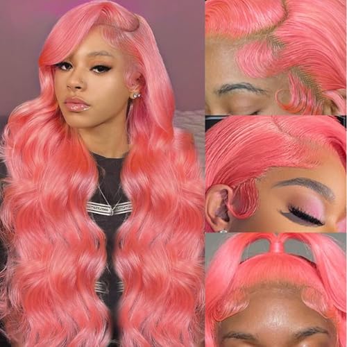 Image of 30 Inch Pink Lace Front Wigs Human Hair 13x4 HD Transparent Body Wave Human Hair Lace Front Wigs for Women 180 Density Pre Plucked Lace Frontal Wig with Baby Hair