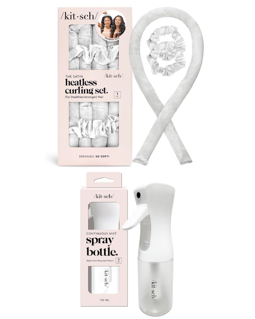Kitsch Satin Heatless Curling Set (Ivory) and Continuous Spray Bottle (White) Bundle with Discount