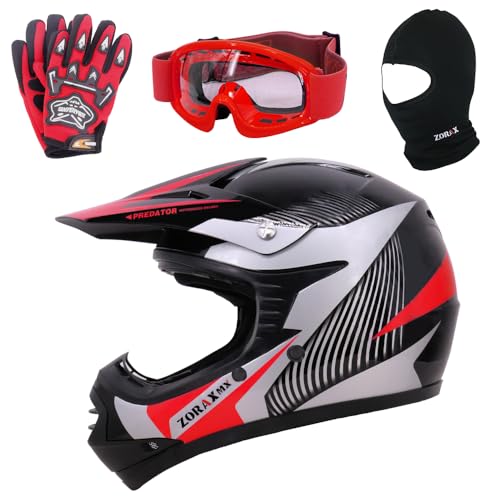 Zorax ZOR-X19 Red XL (55-56cm) Predator Kids Motorbike Motocross MX Helmet ECE 2206 & Gloves XL (8cm) & Goggles & Balaclava