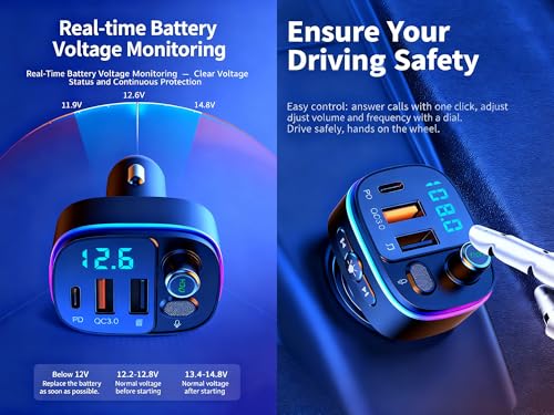 Image of TISONNY Bluetooth FM Transmitter for Car, with Dual Fast Charging (QC3.0 & PD 20W), Qualcomm 5.0 Chip, Hands-Free Calling, Support USB /TF Card Playback, Plug and Play for All Cars