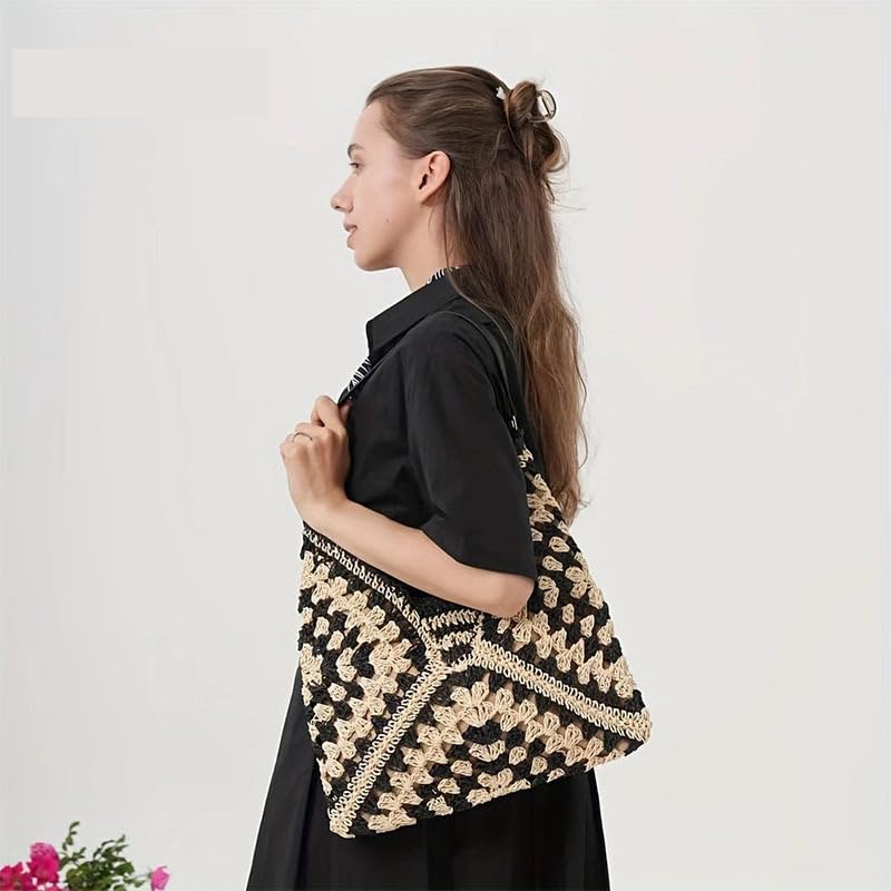 Irsutey Women' Hollowed Out Large Capacity Contrasting Woven Bag Travel Beach Bag Shoulder Bag3