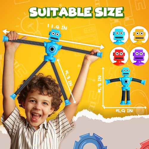 Image of Robot Sensory Travel Roadtrip Toys 4Pcs for Toddlers Kid Boy Year Old Ages 3 4 5 6 7 8 9,Airplane Activities Suction Autism Pop Tube Fidget Toys Autistic Stocking Easter Basket Stuffer Valentine Gift