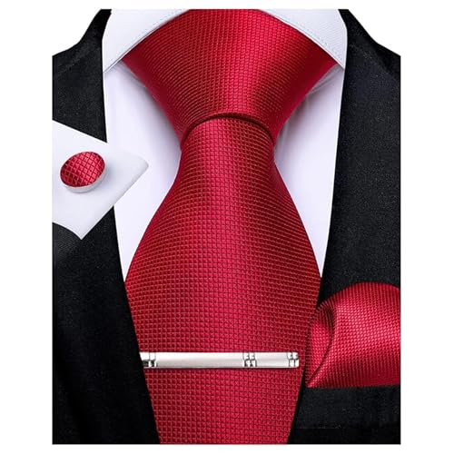 DiBanGu Mens Tie Set Bright Red Plain Necktie and Pocket Square Cufflinks Tie Clip Set Classic Formal Ties for Business