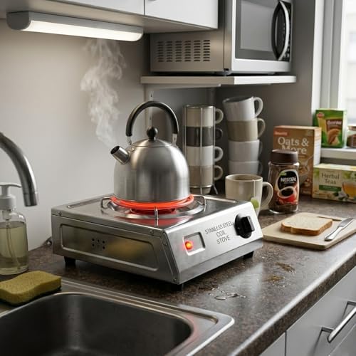 Image of Drumstone 2000W Electric Hot Plate, Single Burner Coil Cooktop with Adjustable Temperature Control, Stainless Steel Body, Portable Countertop Electric Stove for Home, Hostel & Office, Silver