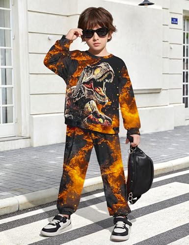 Image of Boys Clothes, T-Rex Print Dinosaur Boy Clothes Fall Winter Outfits Long-sleeved Hooded Sweatshirt Pants 2Pcs Set