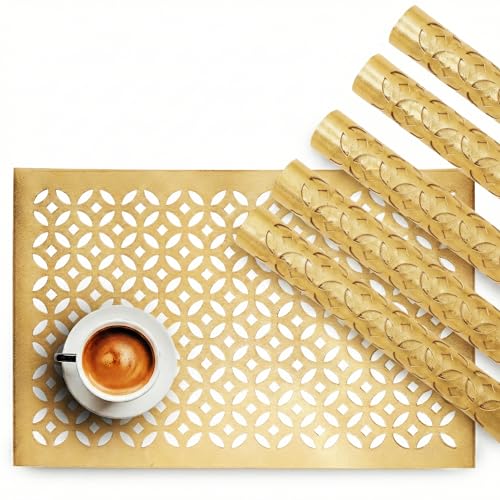 Image of Heart Home Leather Rectangular Table Mats Set of 6 | Washable Placemat /Dining Table Mat for Party, Wedding and Family Functions | Golden