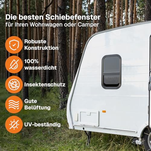 Farosun Wohnwagen Fenster 50x30 cm, E4, Schiebefenster für Wohnmobil und Caravan mit festem Insektenschutz, getöntem Sicherheitsglas, UV-beständig, Seitenfenster für Camper mit Aluminiumrahmen