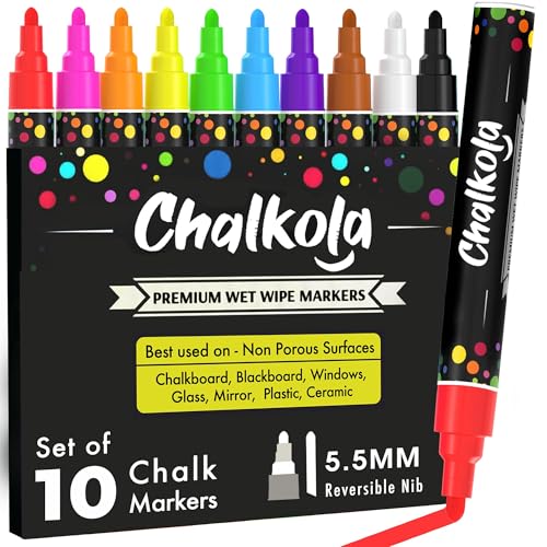Chalkola Set 10 Feutre Craie Liquide Effaçable | Pointe Réversible 6mm | Chalk Marker et Peinture Stylo Craie pour Tableau Noir | Effacable Marqueur pour...