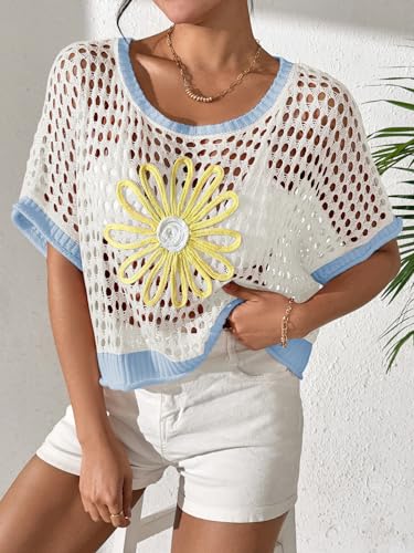 Image of OCSTRADE Summer Crochet Tops for Women Boho Crop Hollow Out Sweaters Beach Vacation Knit Cover Ups